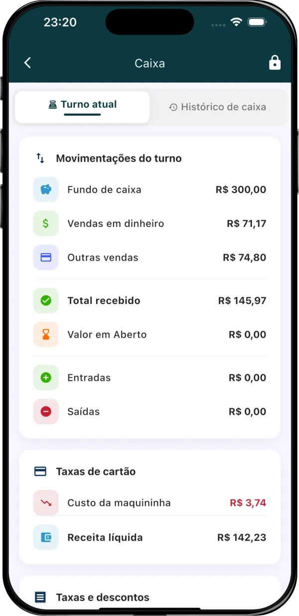 Movimentações do turno de caixa no ComandaON: vendas em dinheiro, entradas, saídas, custo da maquininha e receita líquida
