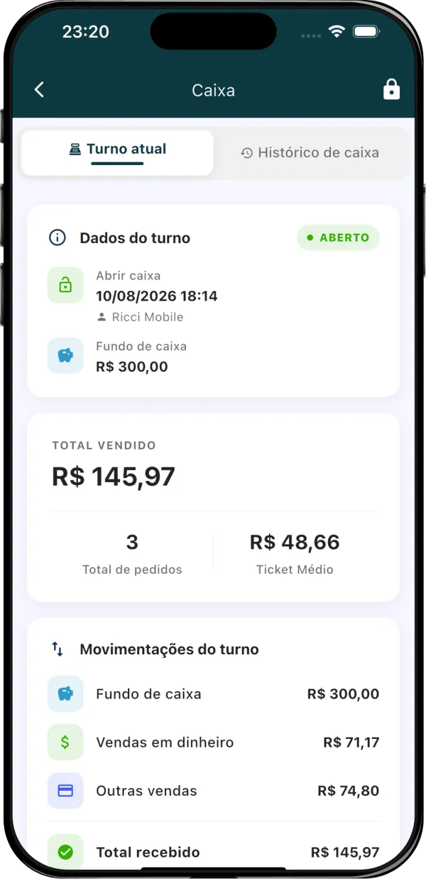 Tela de caixa do ComandaON com turno aberto, fundo de caixa, total vendido e ticket médio