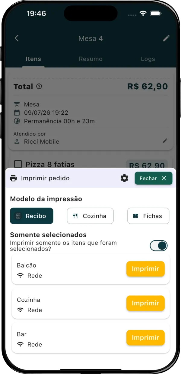 Escolha do modelo de impressão e das impressoras Balcão, Cozinha e Bar no app ComandaON