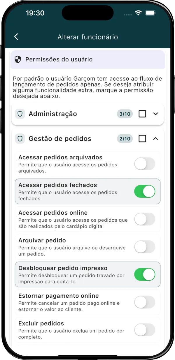 Permissões de usuário no ComandaON: acessar pedidos, desbloquear pedido impresso, estornar pagamento online, excluir pedidos