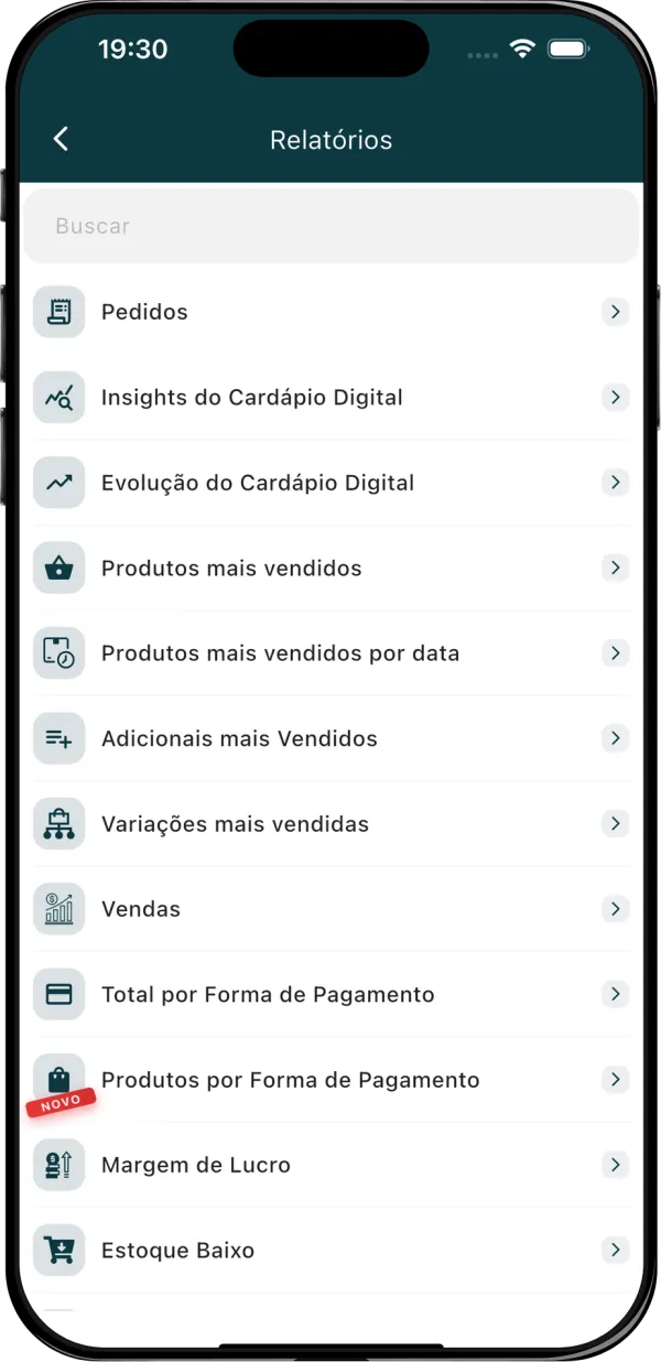 Lista de relatórios do ComandaON: mais vendidos, vendas, forma de pagamento, margem de lucro, estoque baixo